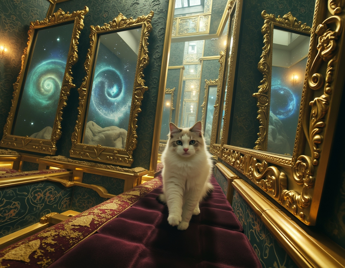 Cat navigates a maze where every surface is a magic-infused mirror, reflecting surreal visions and shifting illusions. Soft, colorful light accentuates each step, turning the labyrinth into a glittering puzzle filled with wonder and mystery.